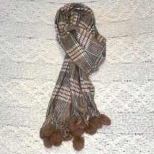 Cashmere Scarf Brown Plaid Fur Pom Poms Women's - S Brand